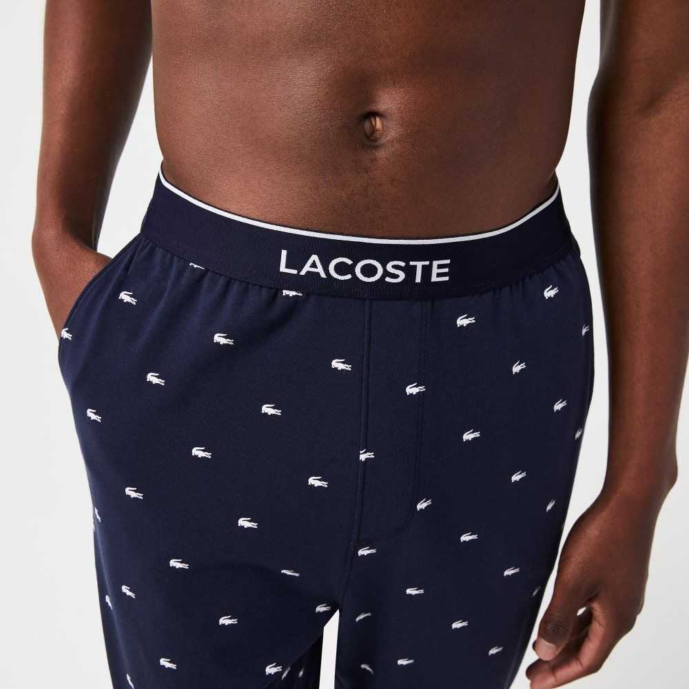 Lacoste Printed Jersey Pajama Pants Marinblå Blå Vita | QDXWJ-6914