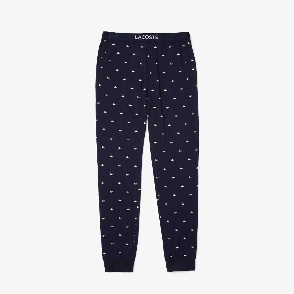 Lacoste Printed Jersey Pajama Pants Marinblå Blå Vita | QDXWJ-6914