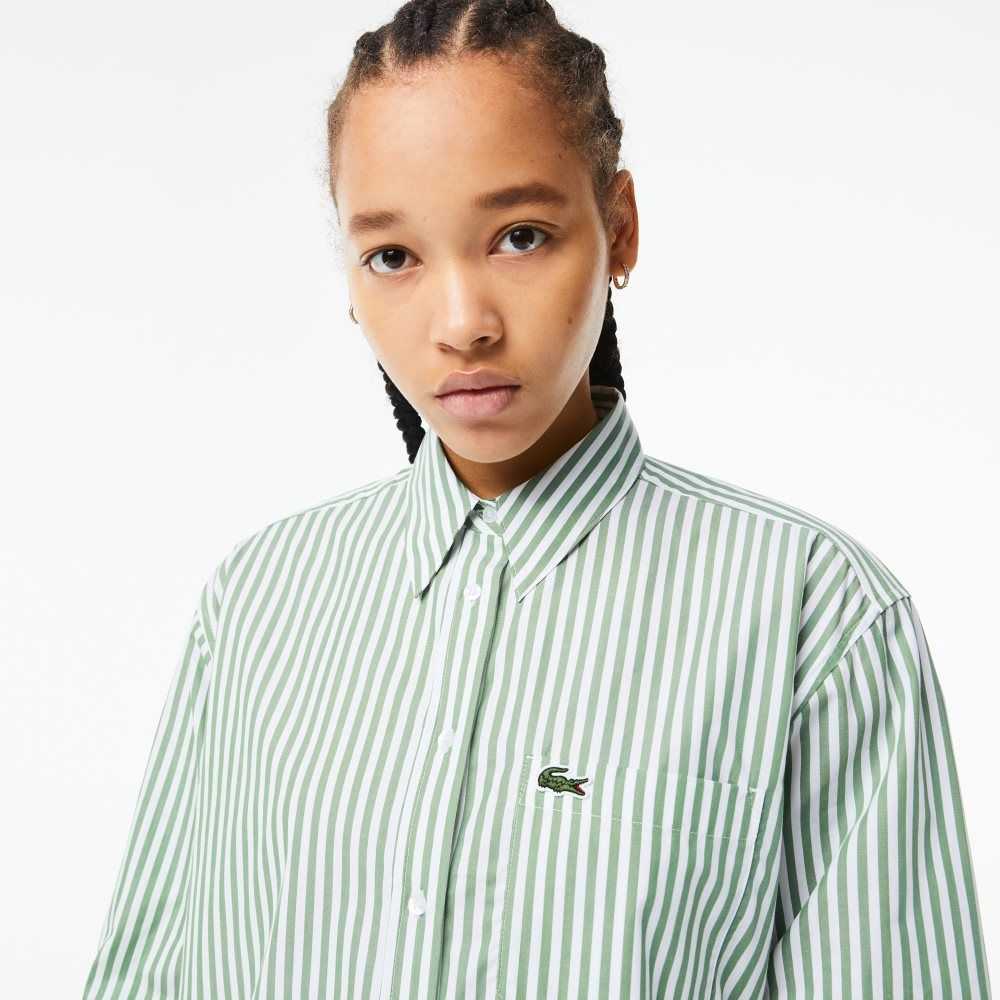 Lacoste Randig Bomull Poplin Shirt Gröna Vita | VDNCG-9046