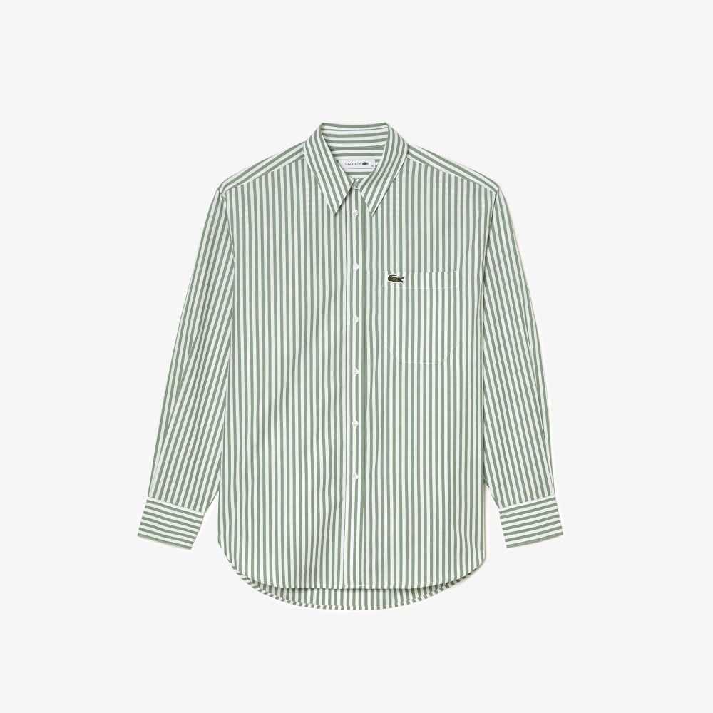 Lacoste Randig Bomull Poplin Shirt Gröna Vita | VDNCG-9046