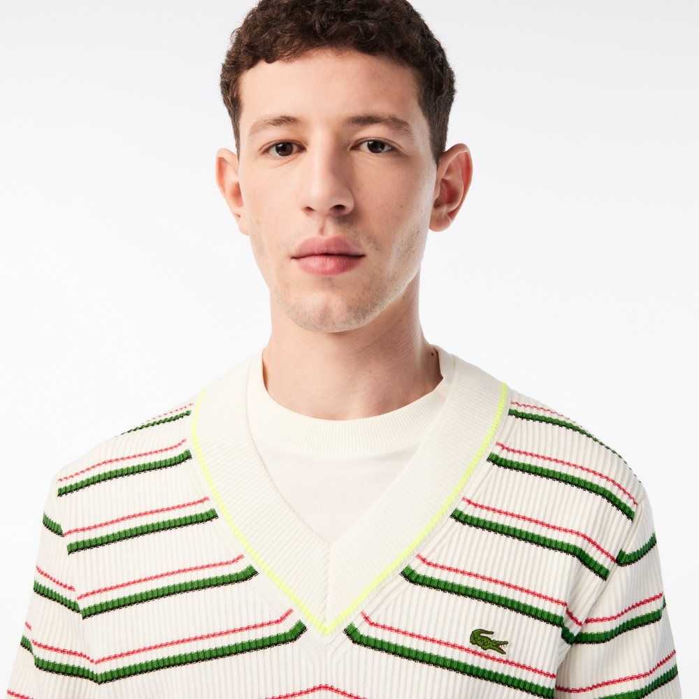 Lacoste Randig French Made V-Neck Vita | CSNJI-7394