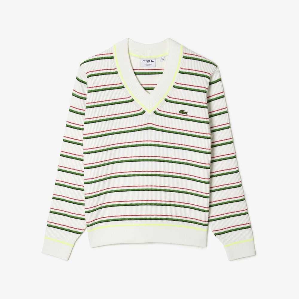 Lacoste Randig French Made V-Neck Vita | CSNJI-7394