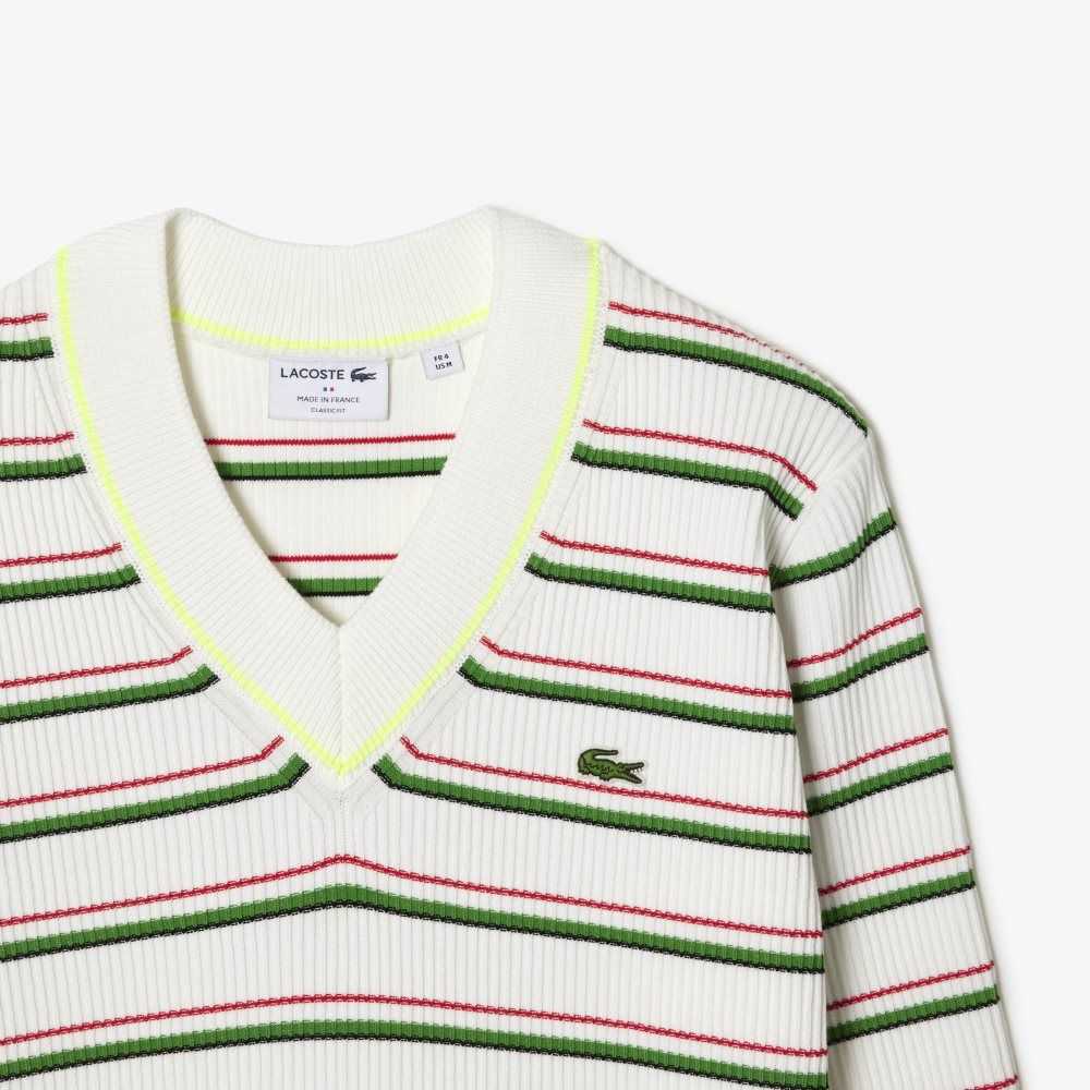 Lacoste Randig French Made V-Neck Vita | CSNJI-7394