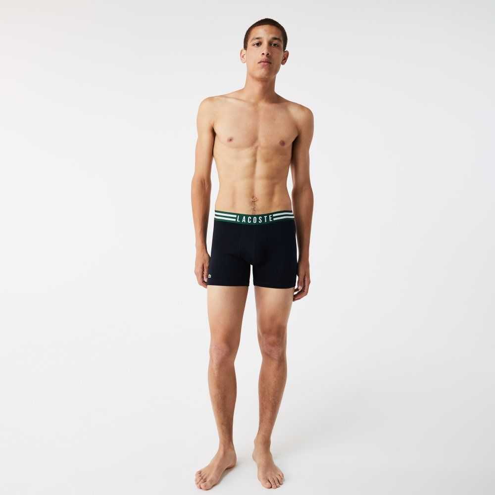 Lacoste Randig Midja Long Stretch Bomull Boxer Brief 3-Pack Grå Vita Marinblå Blå | HGMLX-9780