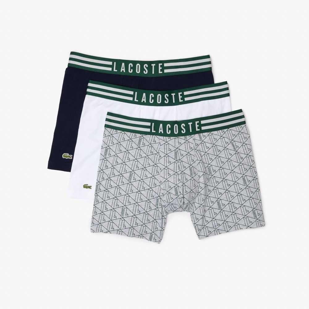 Lacoste Randig Midja Long Stretch Bomull Boxer Brief 3-Pack Grå Vita Marinblå Blå | HGMLX-9780