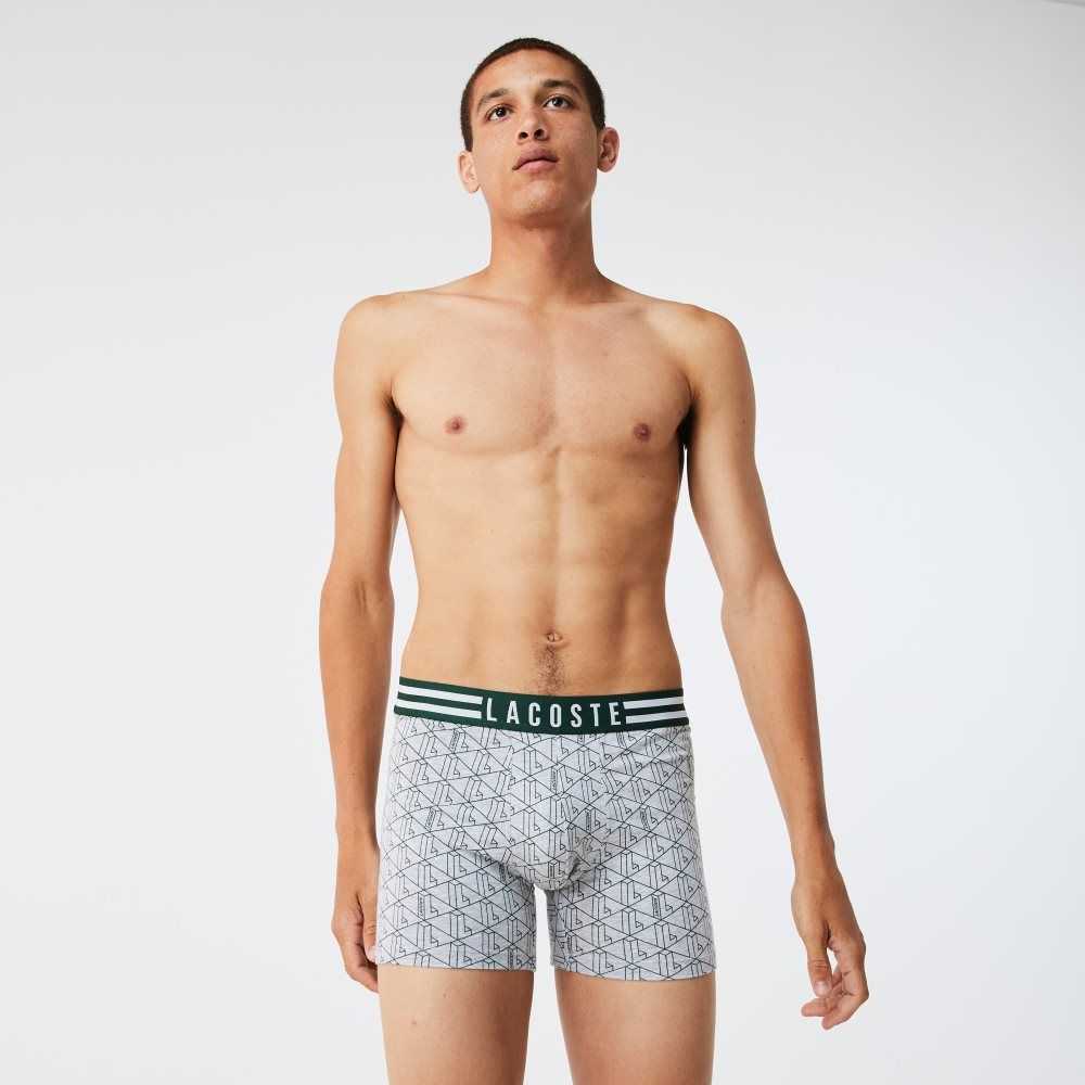 Lacoste Randig Midja Long Stretch Bomull Boxer Brief 3-Pack Grå Vita Marinblå Blå | HGMLX-9780