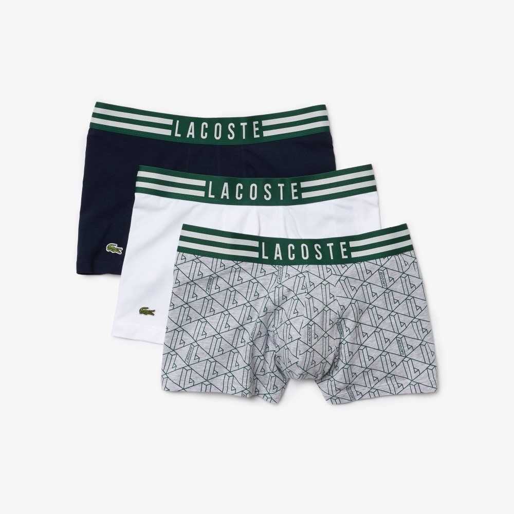 Lacoste Randig Midja Stretch Bomull Trunk 3-Pack Grå Vita Marinblå Blå | IMDRA-6594