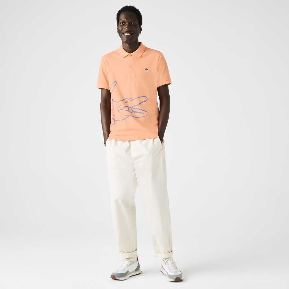 Lacoste Regular Fit Crocodile Print Bomull Pique Ljusorange | JTUSY-5410