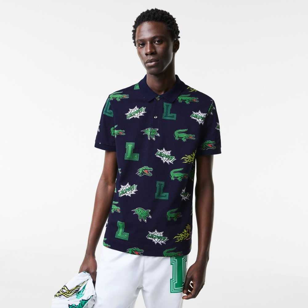 Lacoste Regular Fit Crocodile Print Marinblå Blå Vita | IEYVS-9854