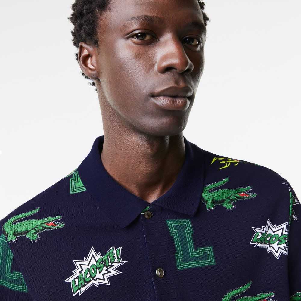 Lacoste Regular Fit Crocodile Print Marinblå Blå Vita | IEYVS-9854