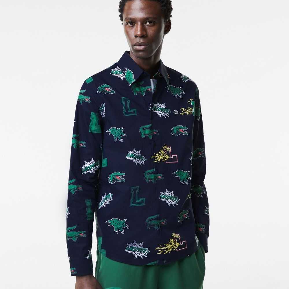 Lacoste Regular Fit Crocodile Print Marinblå Blå Vita | KIJXM-0872