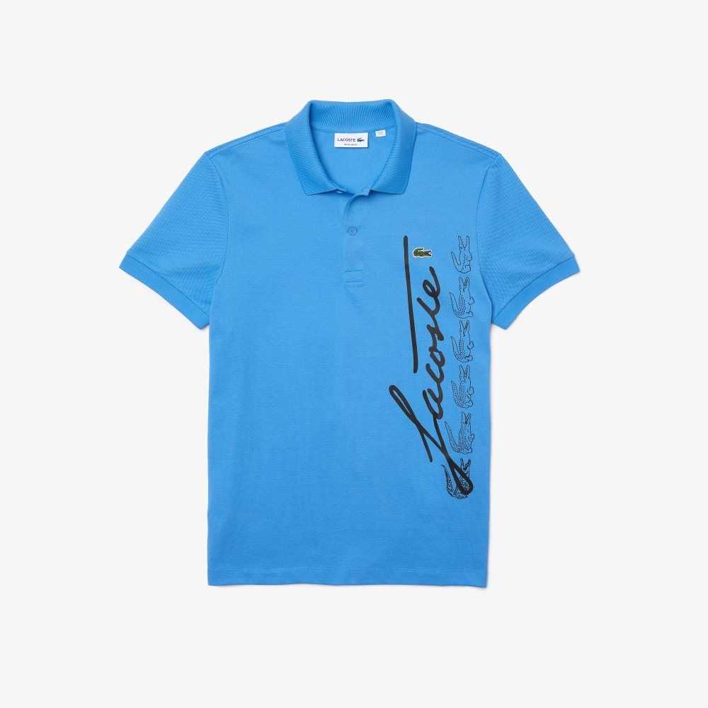 Lacoste Regular Fit Signature Bomull Pique Blå | VFWRU-8493