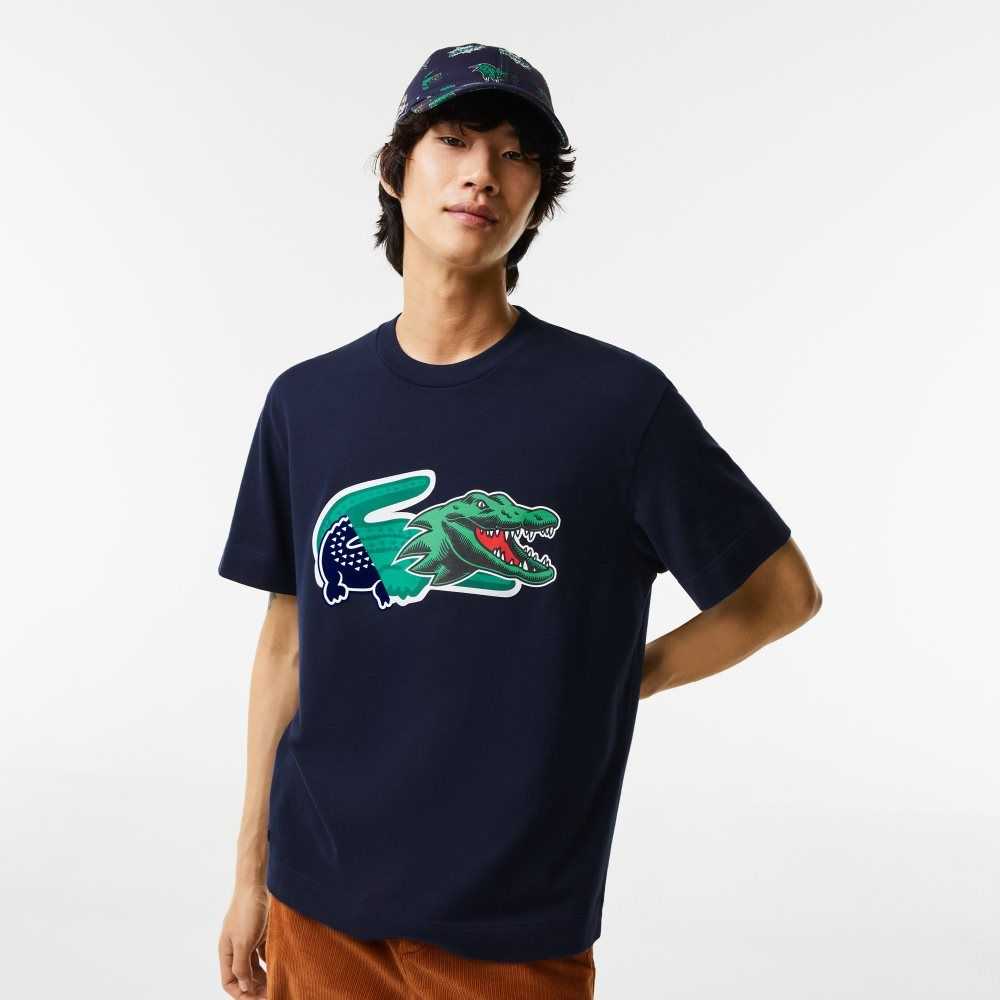 Lacoste Relaxed Fit Oversized Crocodile Marinblå Blå | SMRTQ-3269