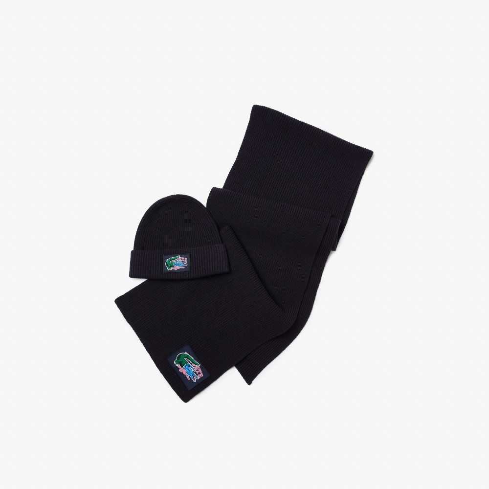 Lacoste Räfflad Ull Beanie And Scarf Gift Set Marinblå Blå | GKOCY-4517