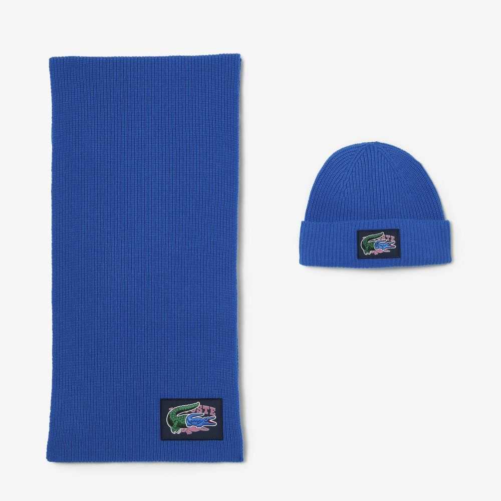 Lacoste Räfflad Ull Beanie And Scarf Gift Set Blå | HGMIL-4527