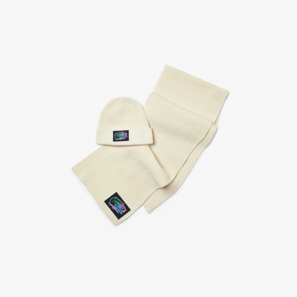 Lacoste Räfflad Ull Beanie And Scarf Gift Set Vita | IXGUQ-2364