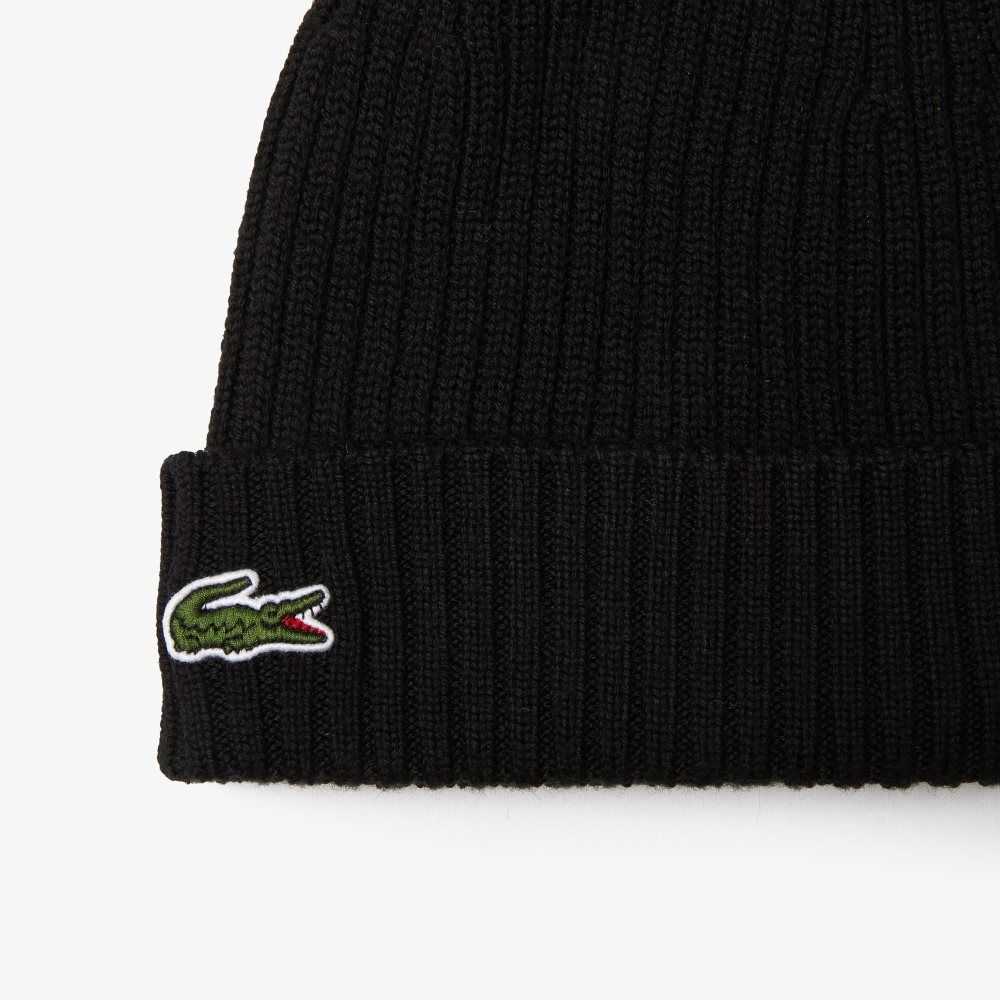 Lacoste Räfflad Ull Beanie Svarta | FBRUX-1745