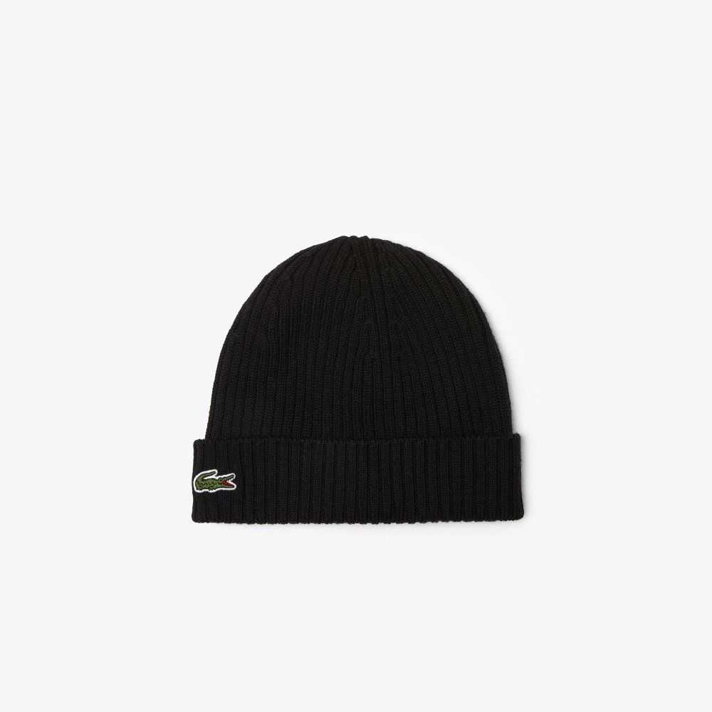 Lacoste Räfflad Ull Beanie Svarta | FBRUX-1745