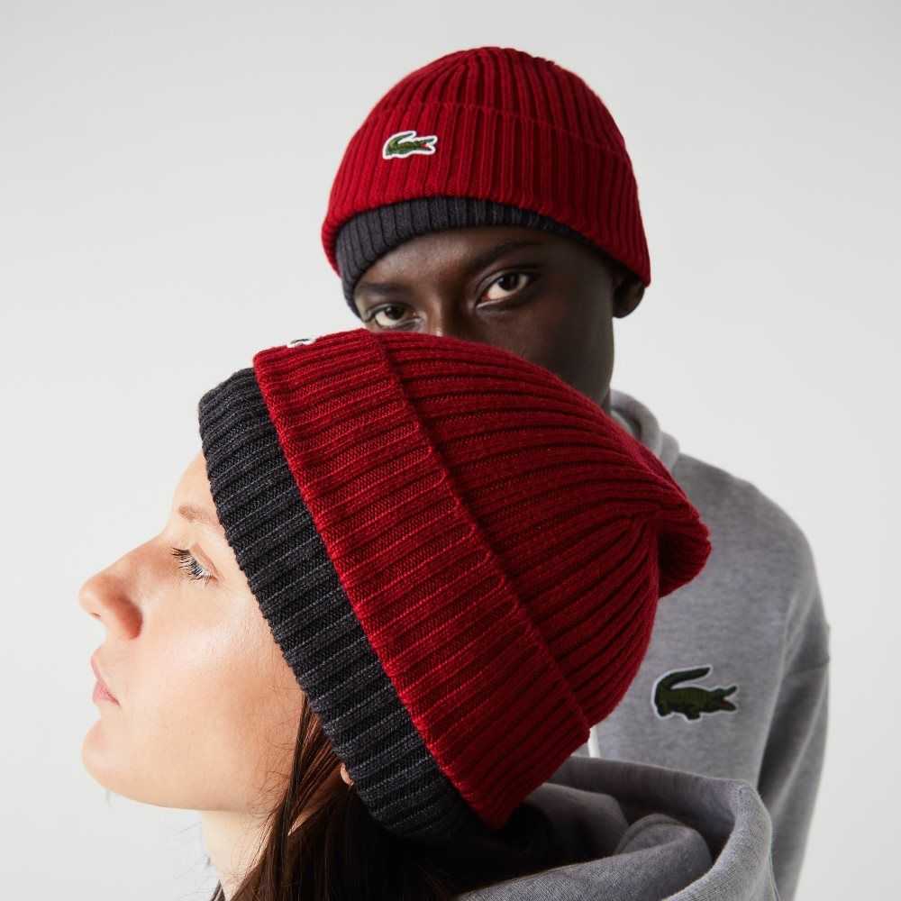 Lacoste Räfflad Ull Beanie Vinröda | EBFVX-4156