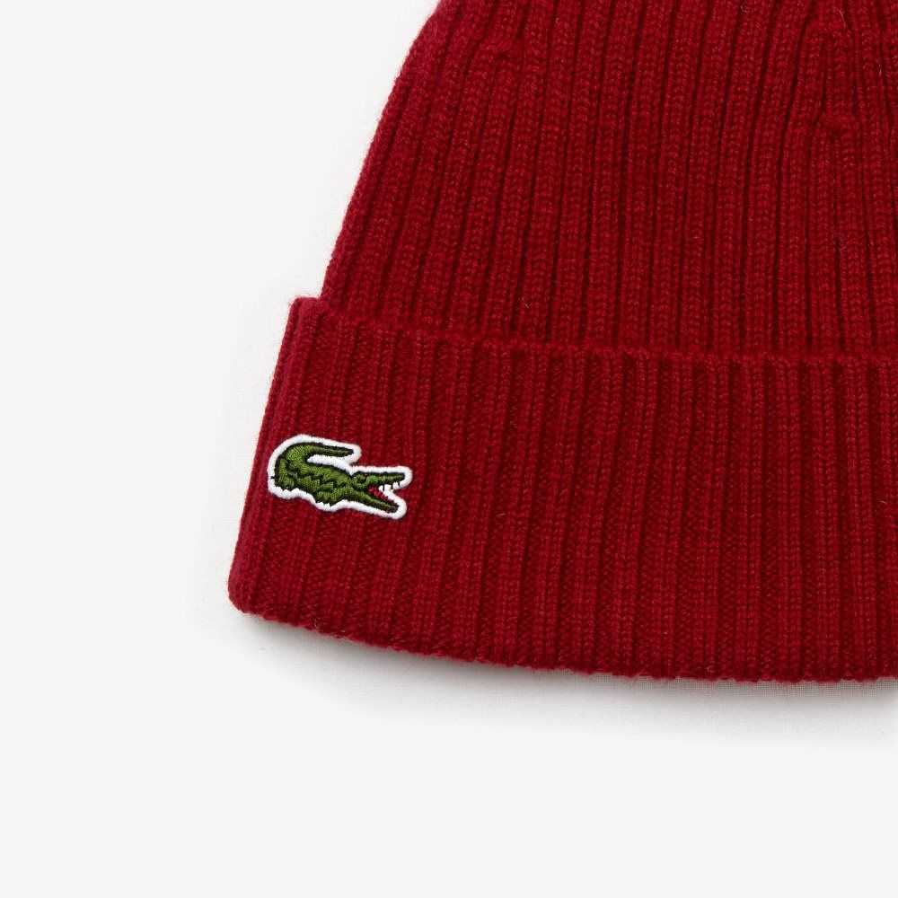 Lacoste Räfflad Ull Beanie Vinröda | JYOVH-1290