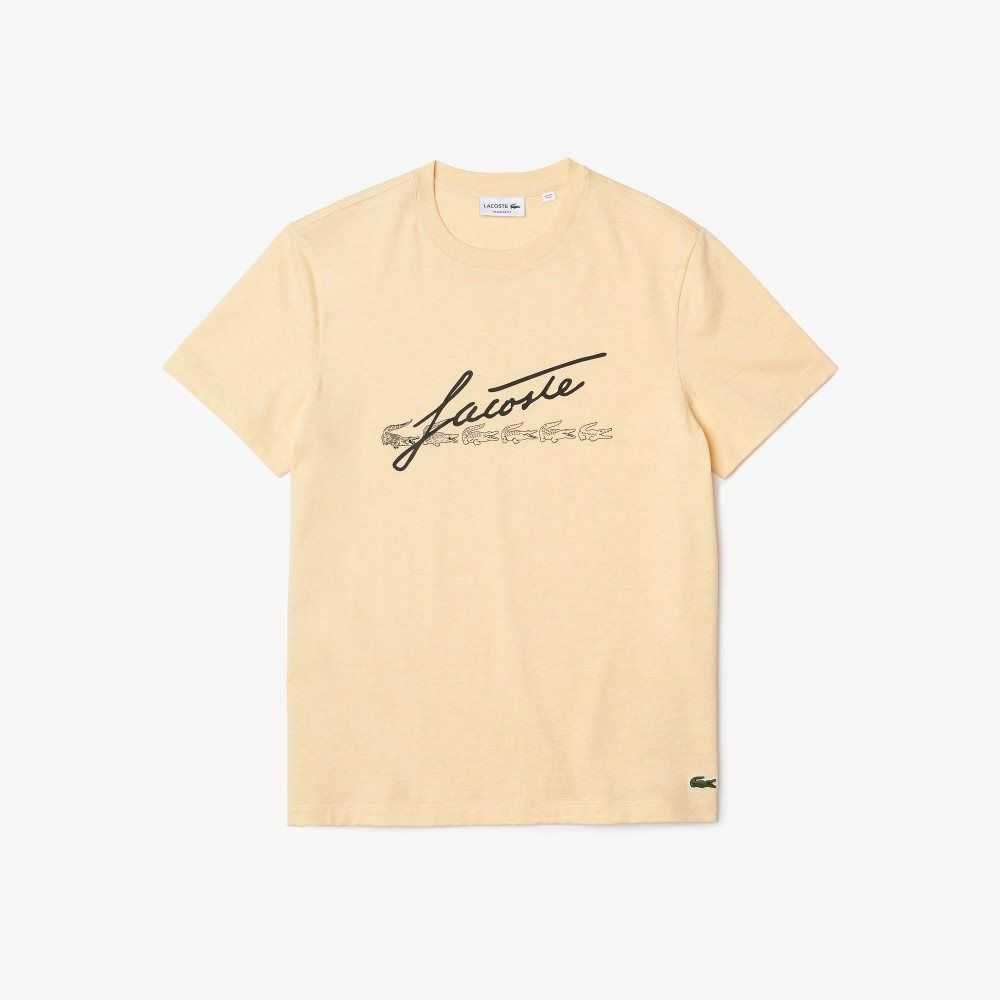 Lacoste Signature And Crocodile Print Crew Neck Bomull Gula | HDYWT-4913