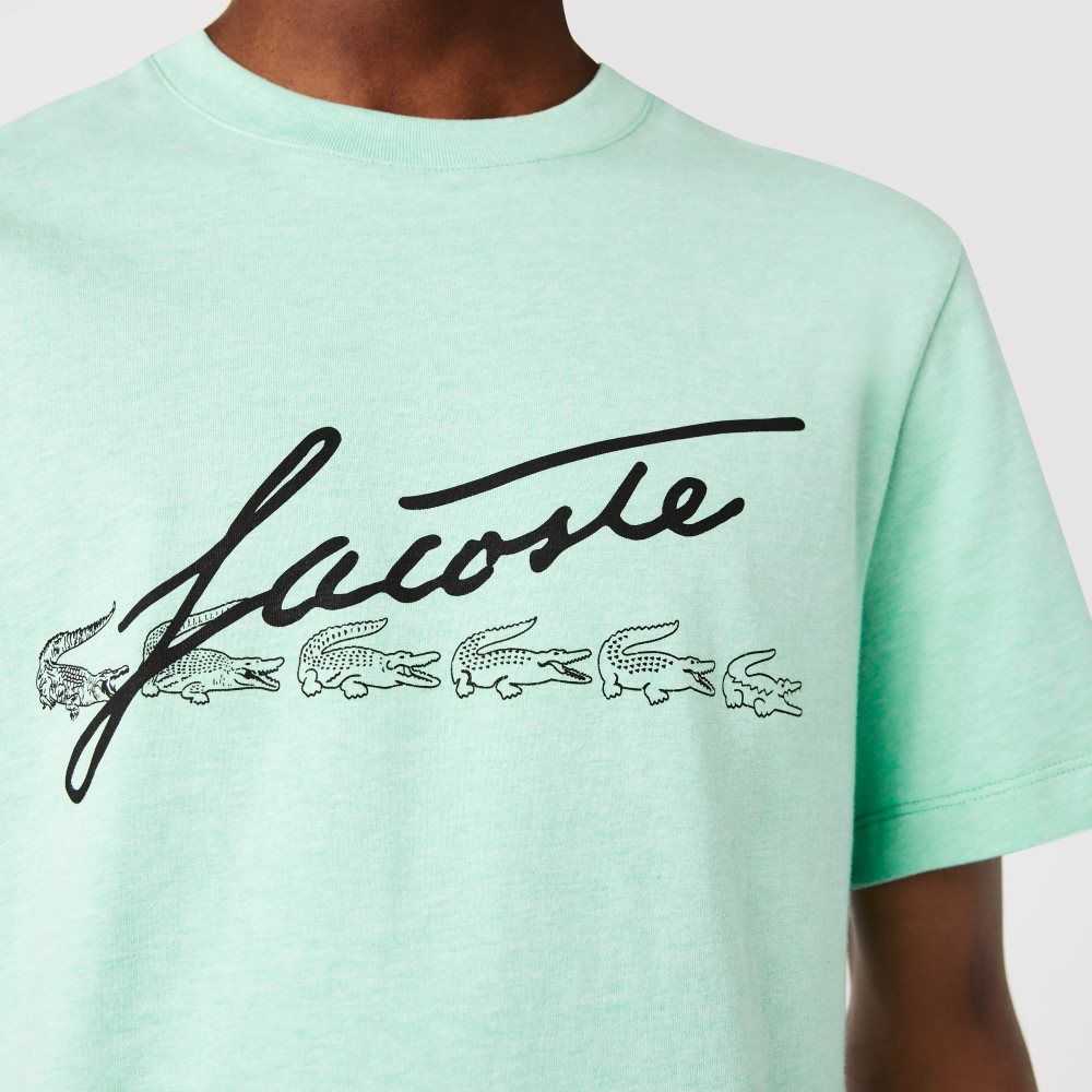 Lacoste Signature And Crocodile Print Crew Neck Bomull Gröna | KMJSL-1409