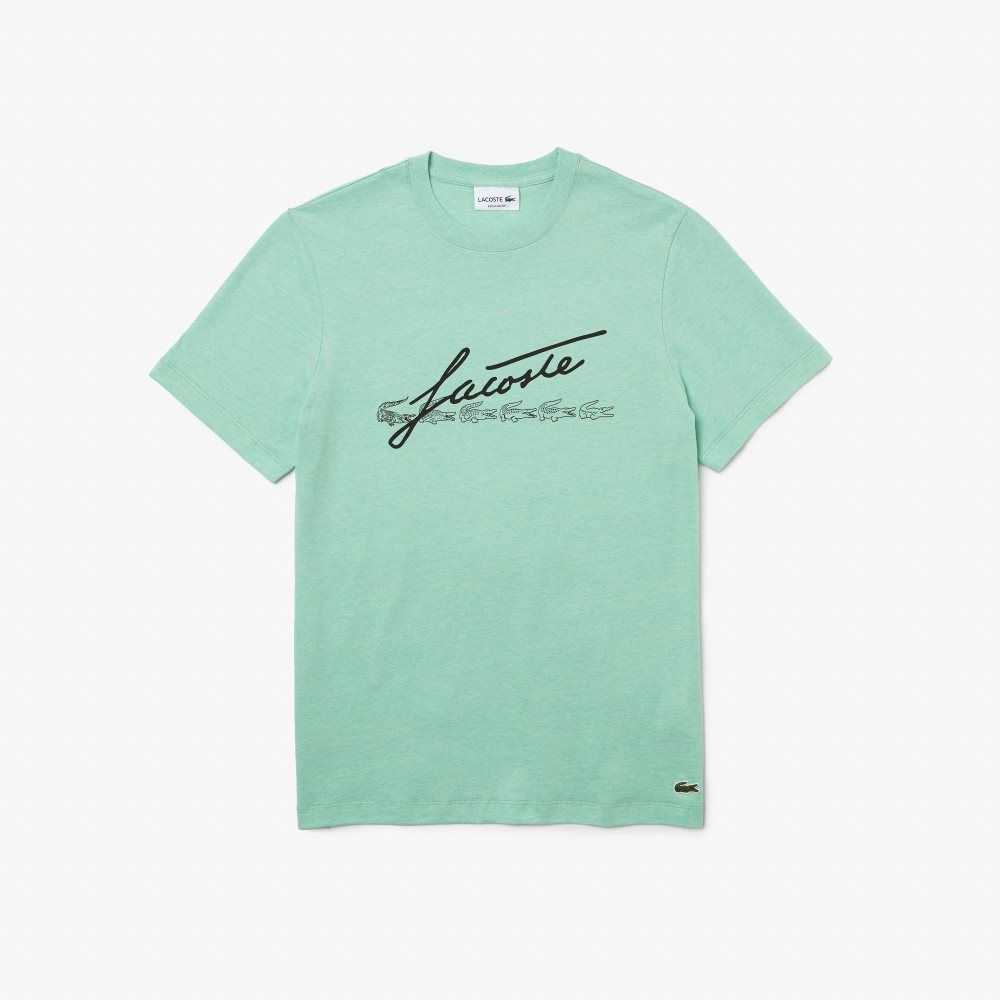 Lacoste Signature And Crocodile Print Crew Neck Bomull Gröna | KMJSL-1409