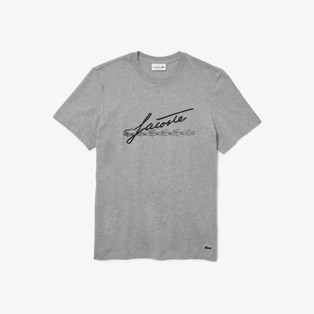 Lacoste Signature And Crocodile Print Crew Neck Bomull Grå | MJUQN-9657