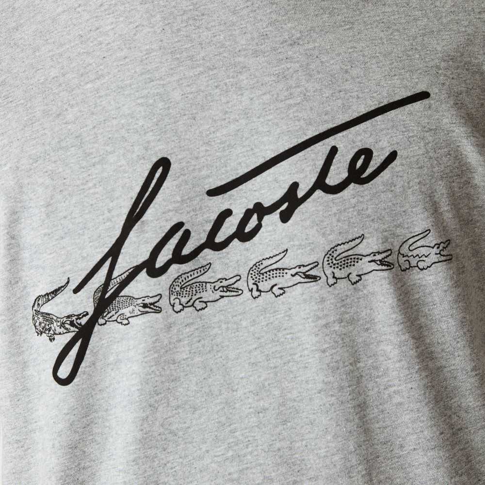 Lacoste Signature And Crocodile Print Crew Neck Bomull Grå | MJUQN-9657