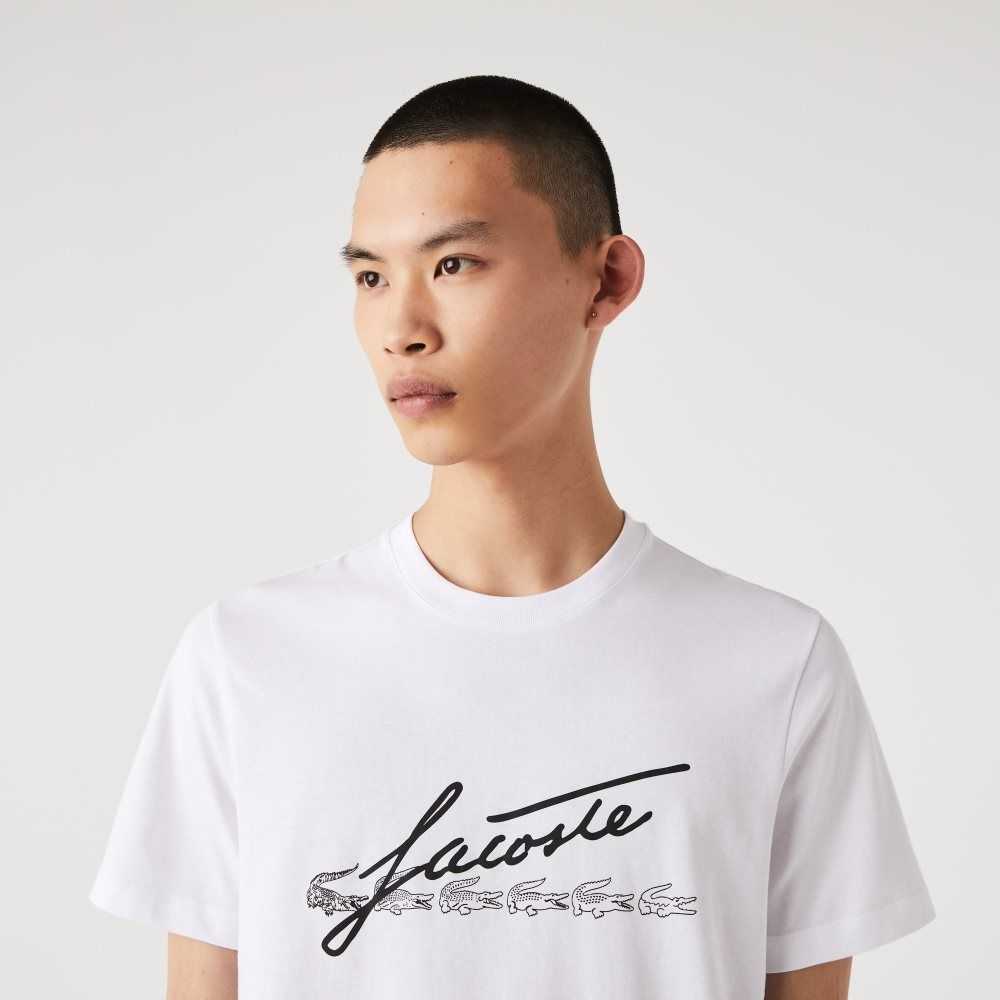 Lacoste Signature And Crocodile Print Crew Neck Bomull Vita | POXJG-4285