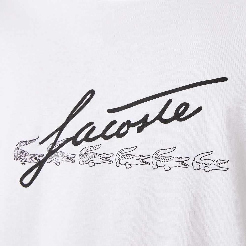 Lacoste Signature And Crocodile Print Crew Neck Bomull Vita | POXJG-4285