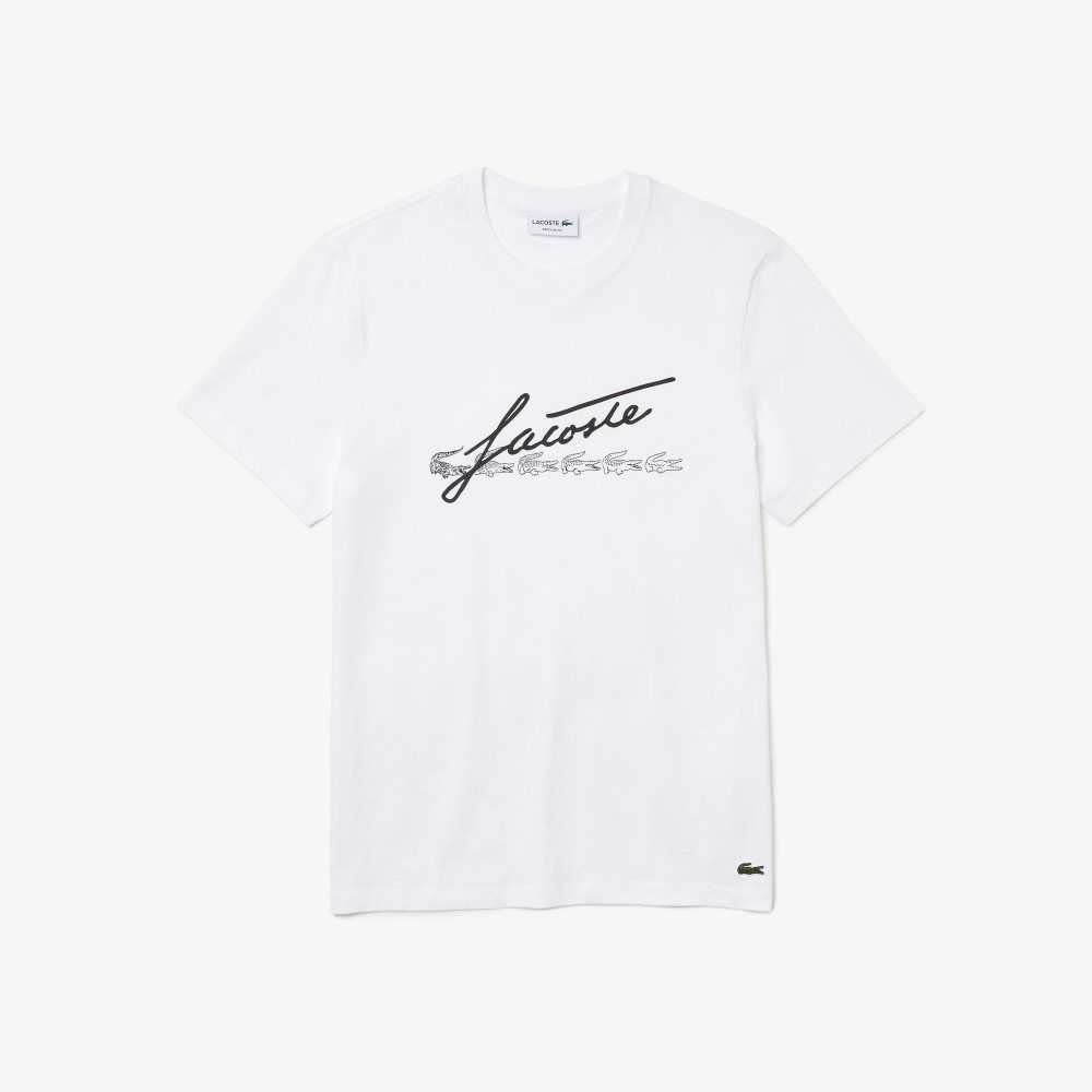 Lacoste Signature And Crocodile Print Crew Neck Bomull Vita | POXJG-4285