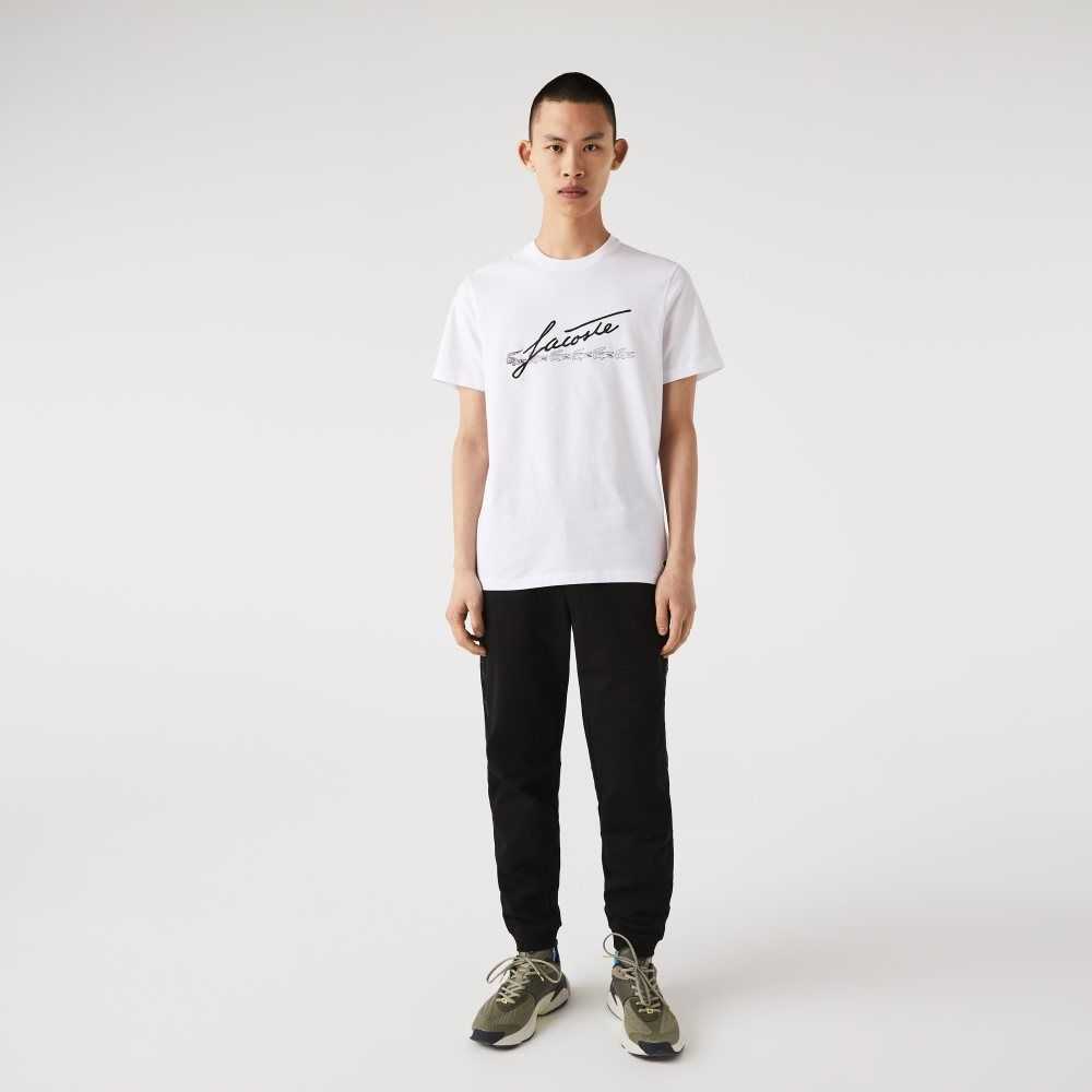 Lacoste Signature And Crocodile Print Crew Neck Bomull Vita | POXJG-4285