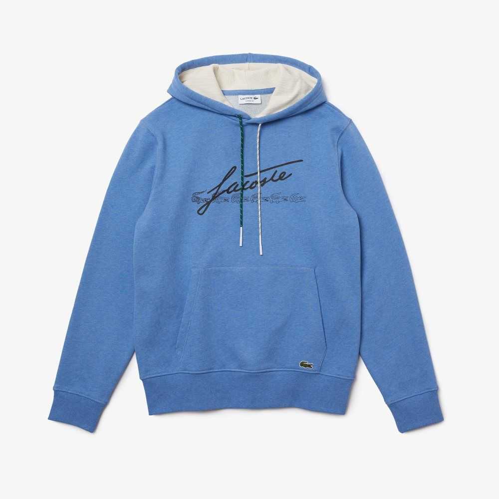 Lacoste Signature Flecked Bomull Fleece Hoodie Blå | LZHGY-1652