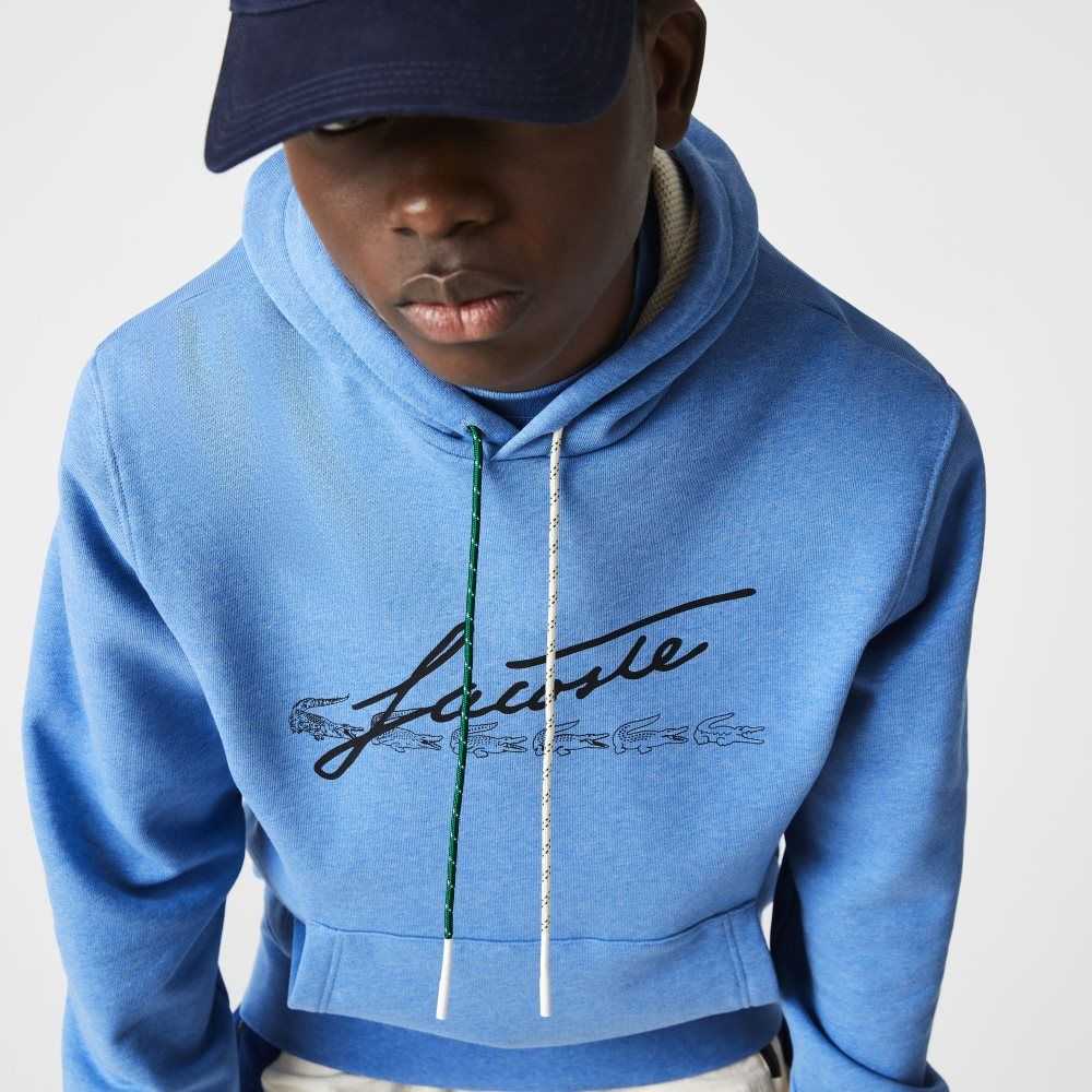 Lacoste Signature Flecked Bomull Fleece Hoodie Blå | LZHGY-1652