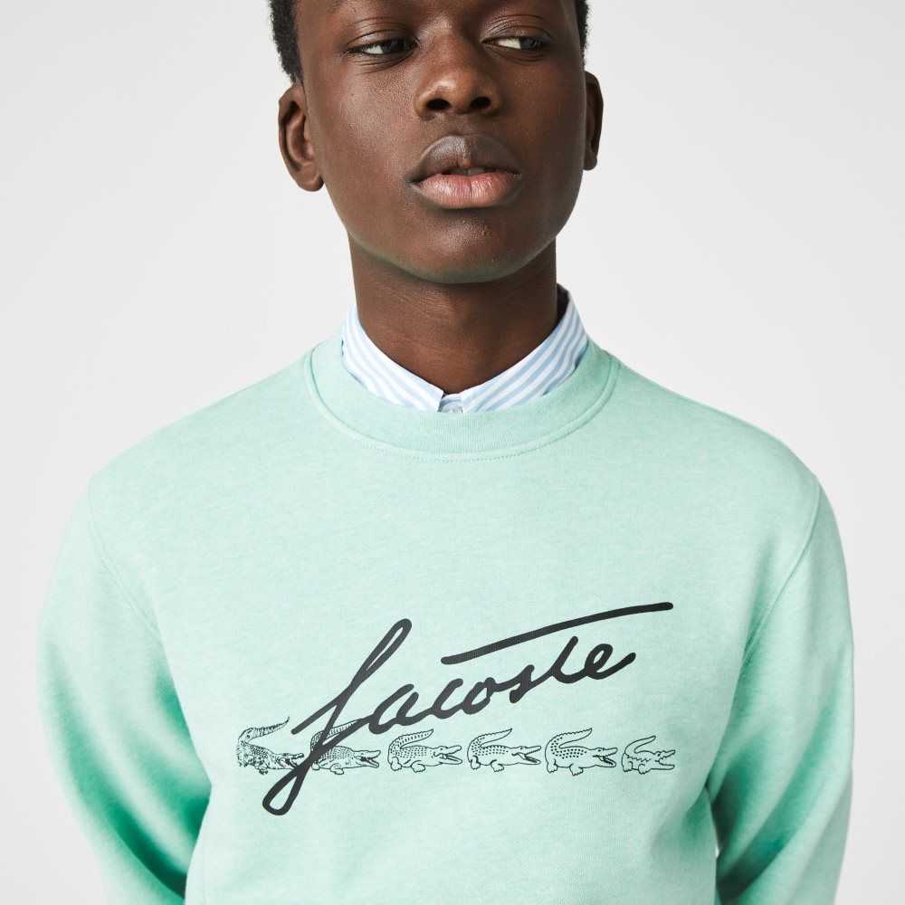 Lacoste Signature Print Crew Neck Bomull Fleece Gröna | XPDKQ-9238