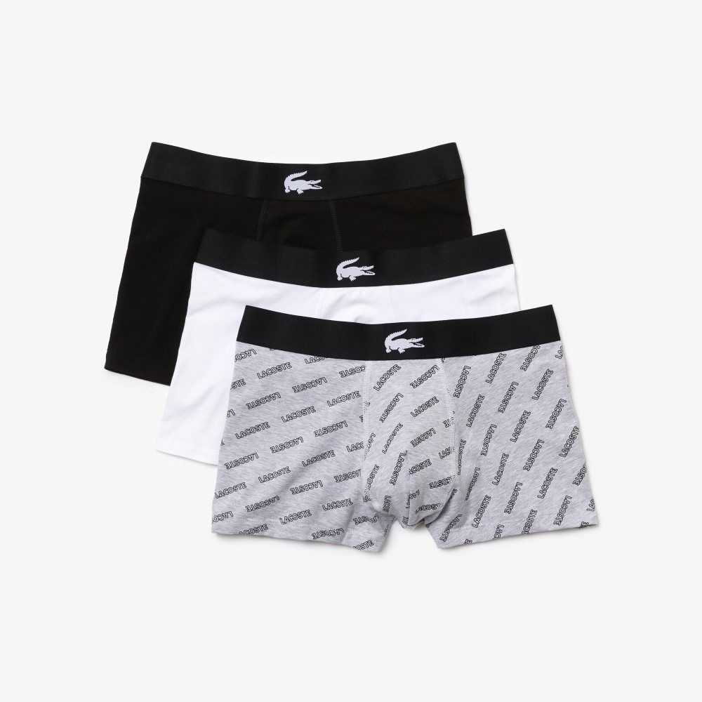 Lacoste Stretch Bomull Trunk 3-Pack Svarta Grå Vita | BQCRE-1598