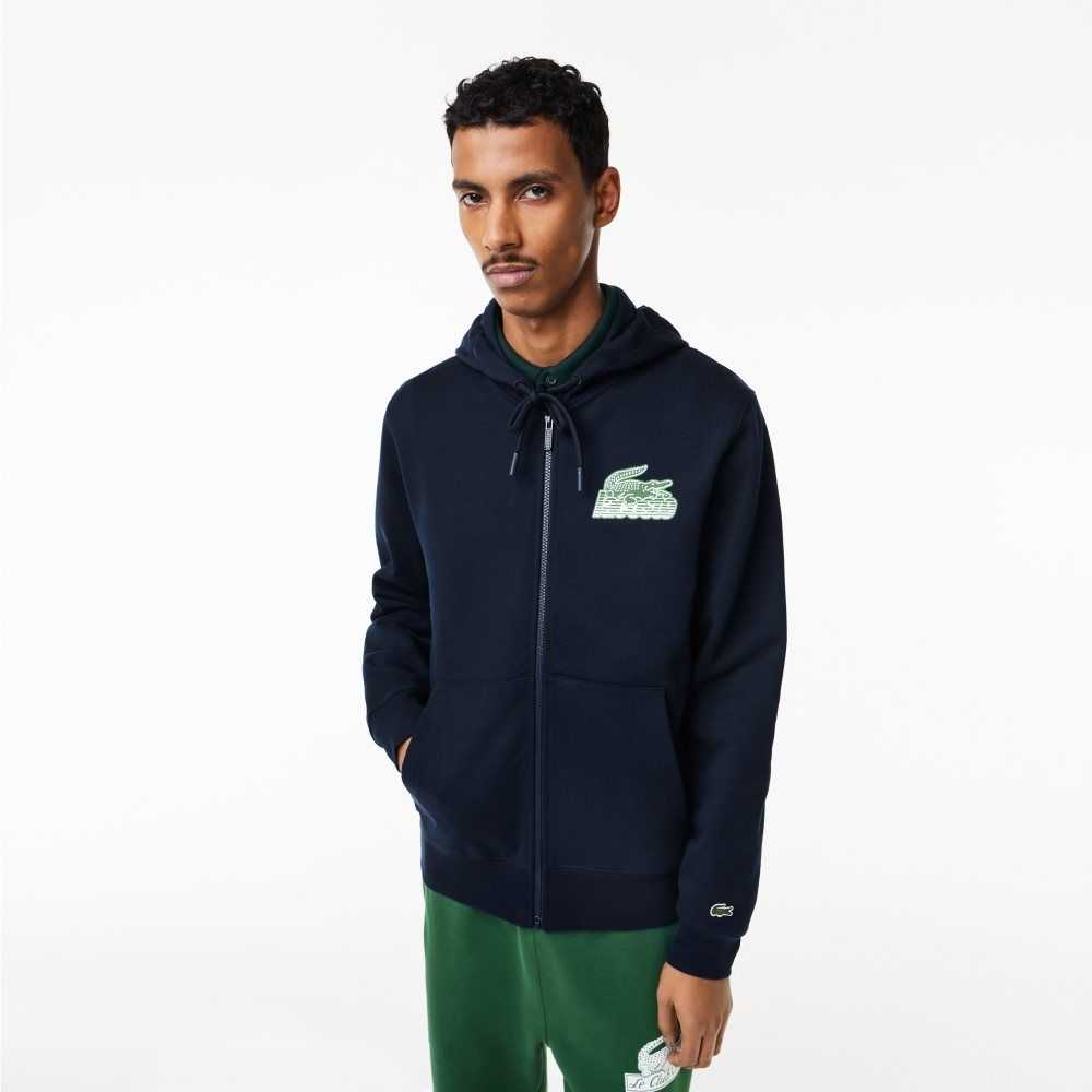 Lacoste Unbrushed Fleece Zipped Hoodie Marinblå Blå | HWIPM-5637