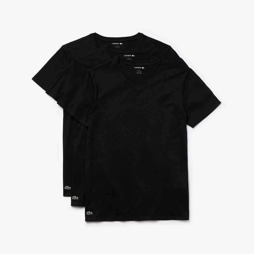 Lacoste V-Neck Bomull Lounge T-Shirt 3-Pack Svarta | ROMVQ-7932