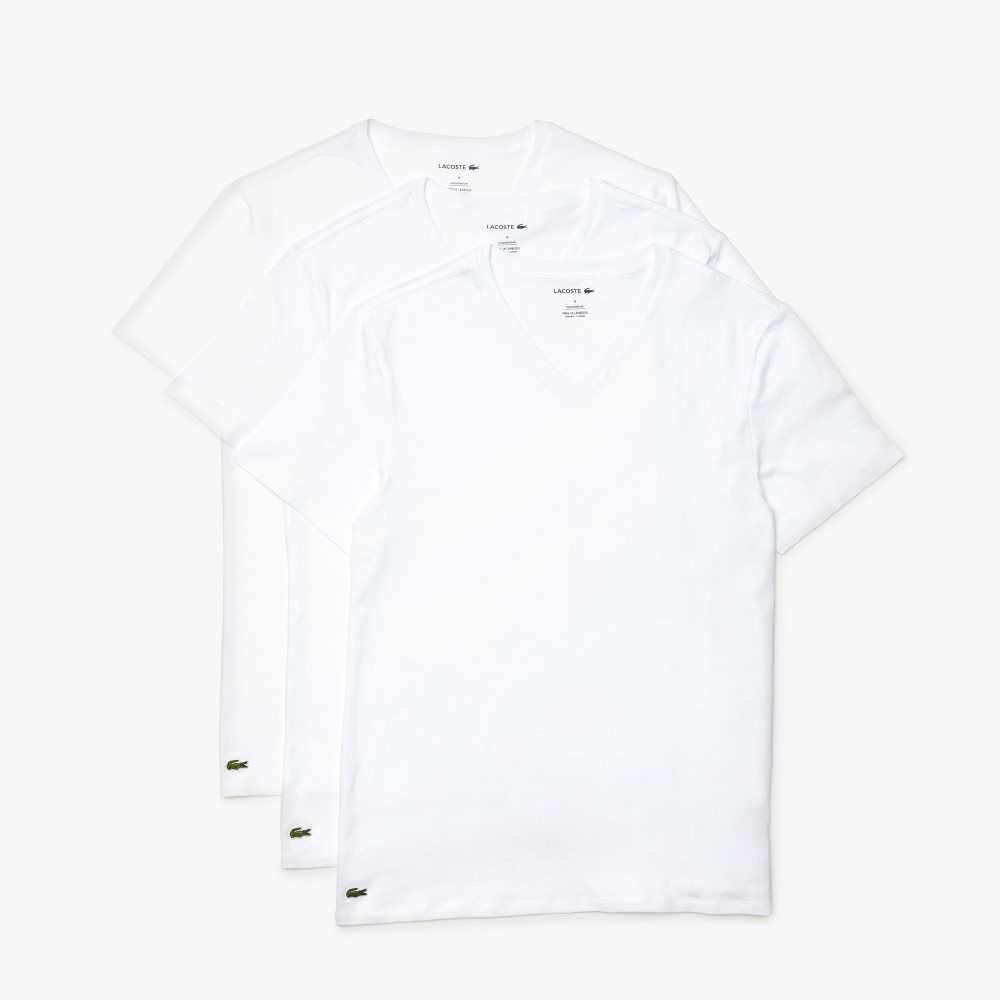 Lacoste V-Neck Bomull Lounge T-Shirt 3-Pack Vita | YHKZD-4682