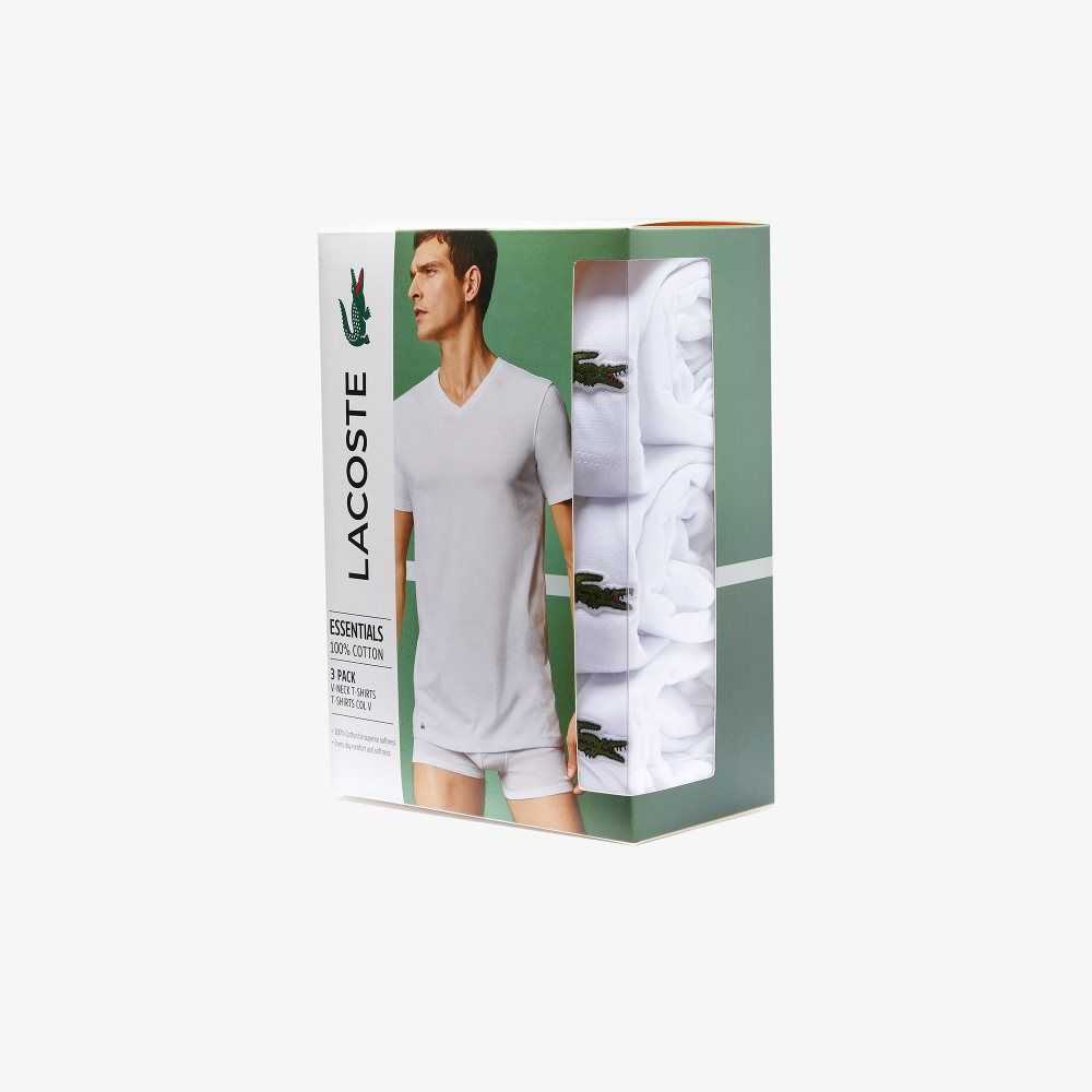 Lacoste V-Neck Bomull Lounge T-Shirt 3-Pack Vita | YHKZD-4682