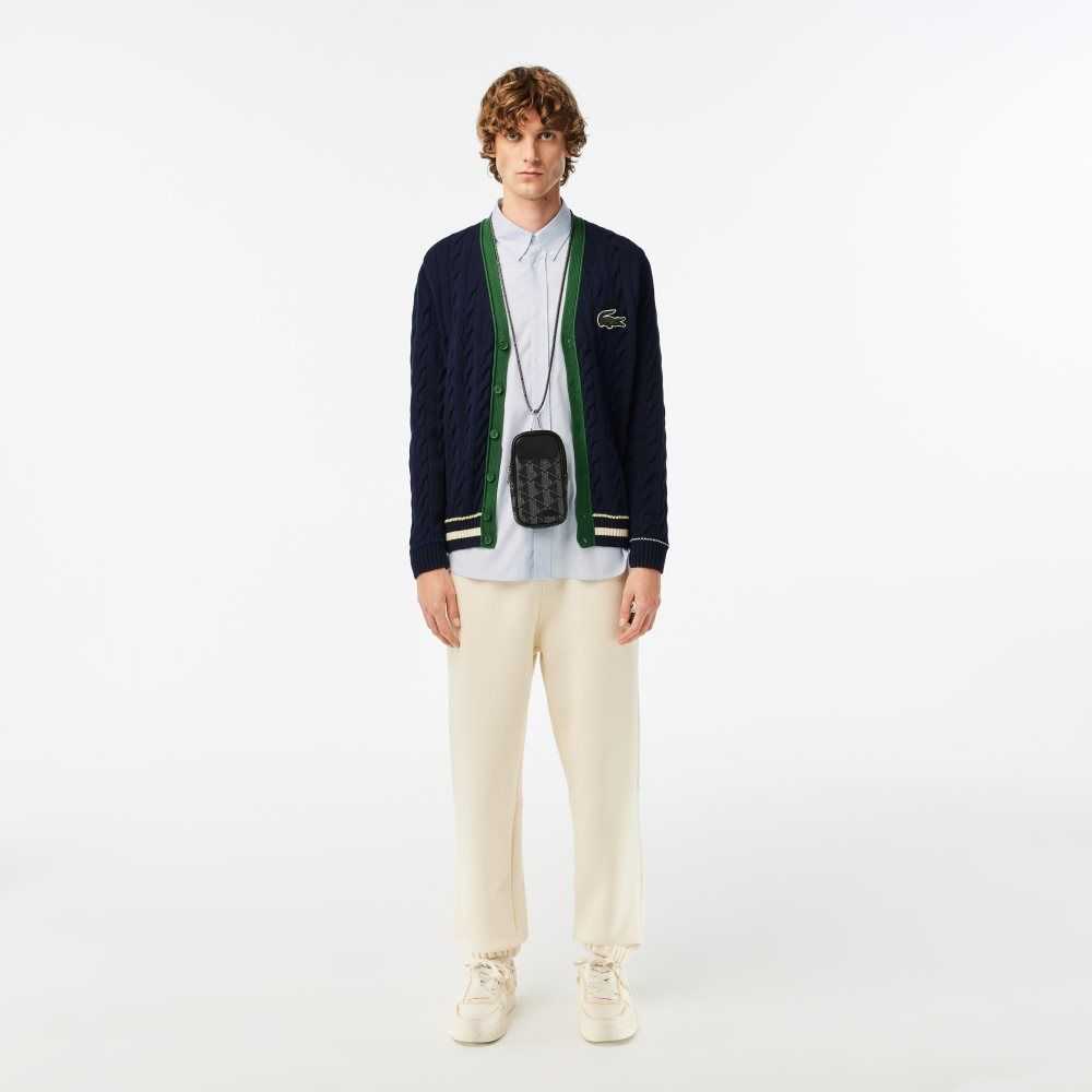 Lacoste V-Neck Cable Knit Organic Bomull Cardigan Marinblå Blå Vita | ZLSUM-5870