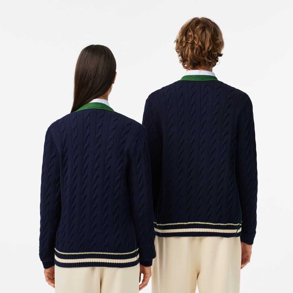 Lacoste V-Neck Cable Knit Organic Bomull Cardigan Marinblå Blå Vita | ZLSUM-5870