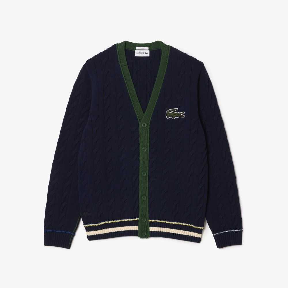 Lacoste V-Neck Cable Knit Organic Bomull Cardigan Marinblå Blå Vita | ZLSUM-5870