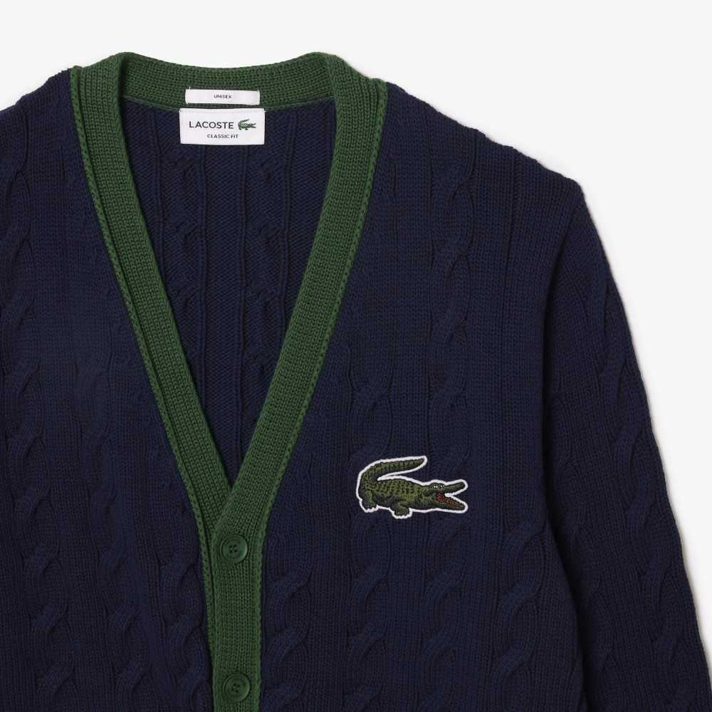 Lacoste V-Neck Cable Knit Organic Bomull Cardigan Marinblå Blå Vita | ZLSUM-5870