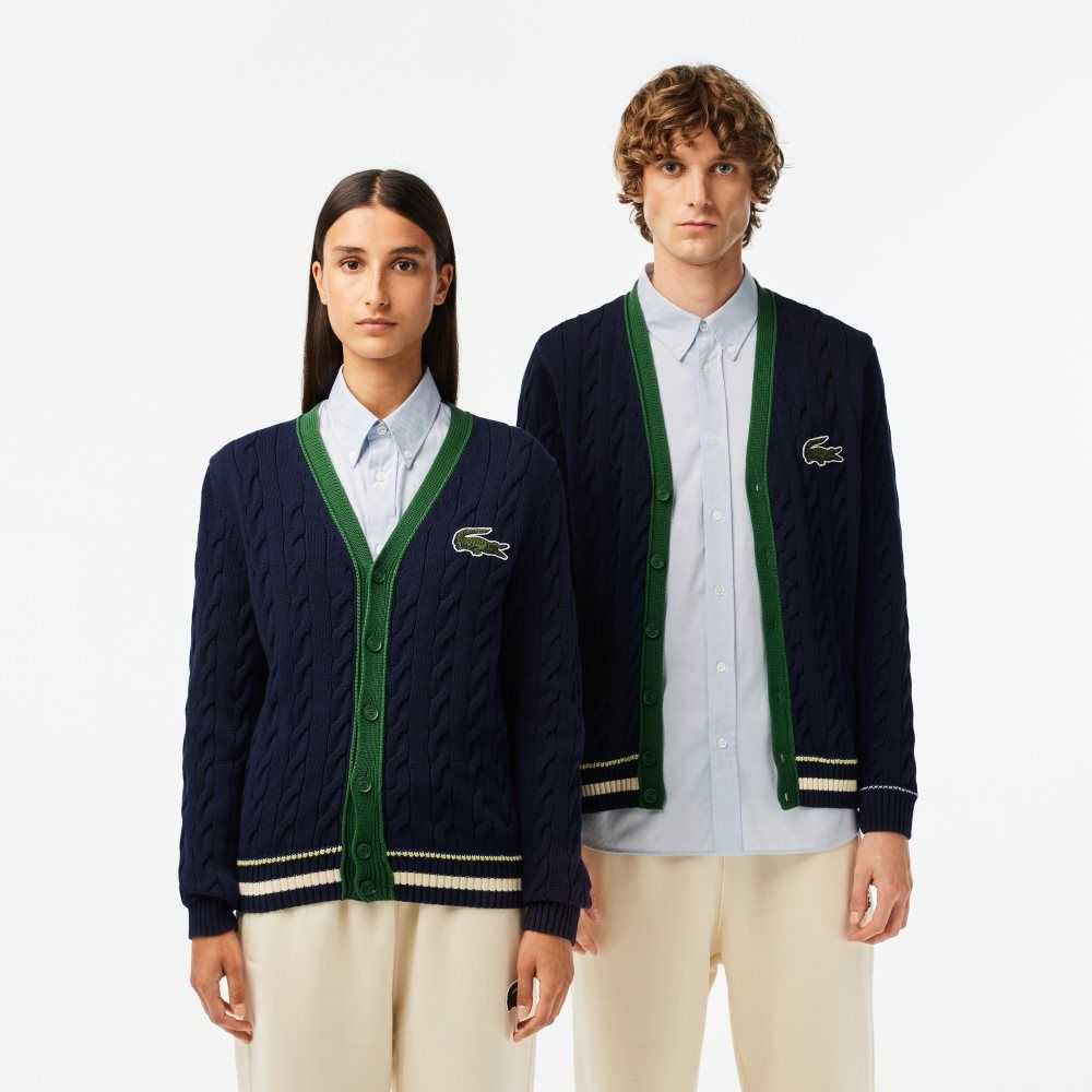 Lacoste V-Neck Cable Knit Organic Bomull Cardigan Marinblå Blå Vita | ZLSUM-5870