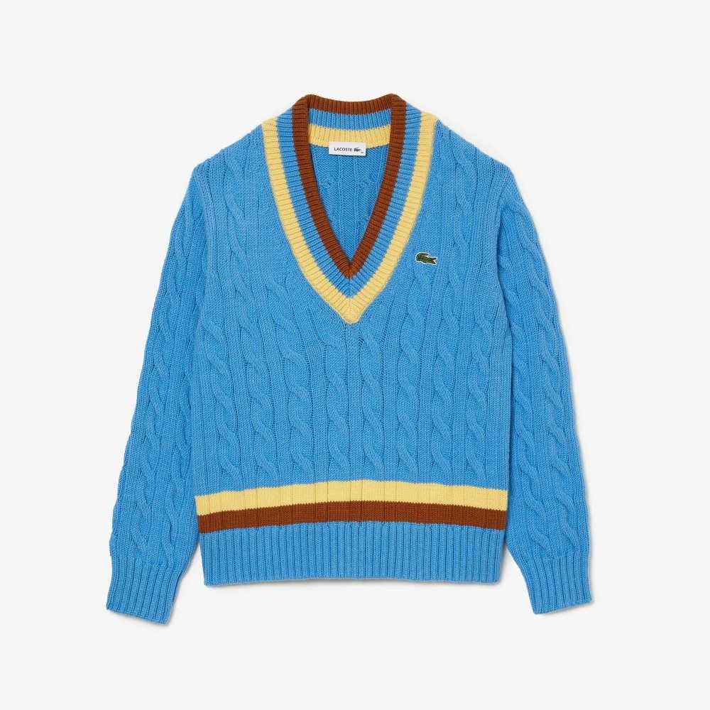 Lacoste V-Neck Cable Knit Ull Blå Gula Bruna | XGEVH-2798