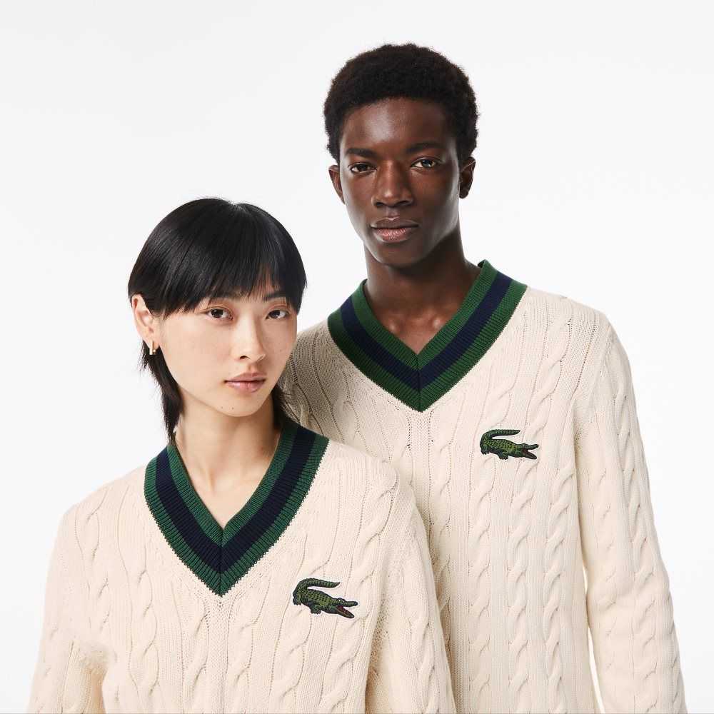 Lacoste V-Neck Cable Knit in Organic Bomull Vita | KZWDO-9415