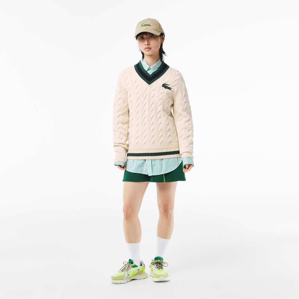 Lacoste V-Neck Cable Knit in Organic Bomull Vita | KZWDO-9415