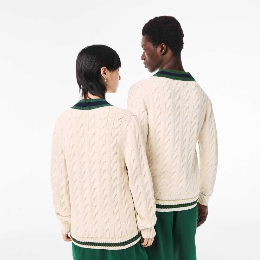 Lacoste V-Neck Cable Knit in Organic Bomull Vita | KZWDO-9415